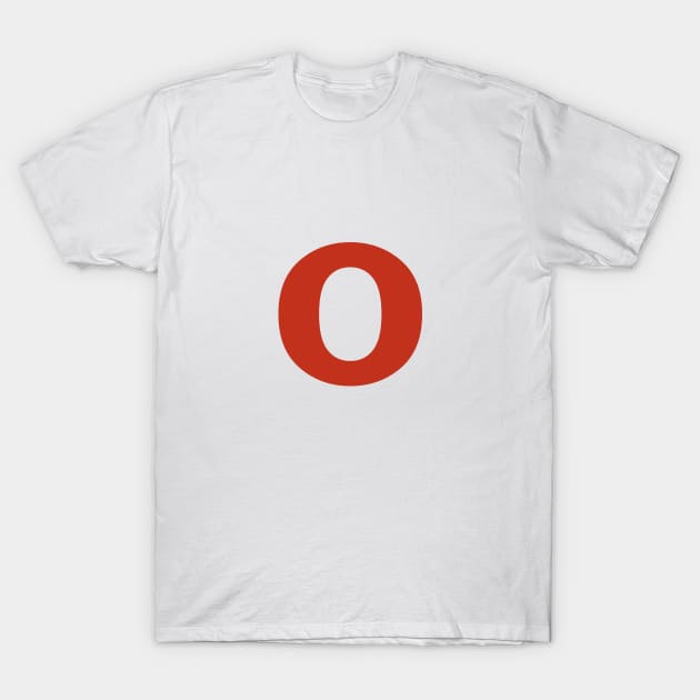 Letter o in Red Text Minimal Typography T-Shirt by ellenhenryart